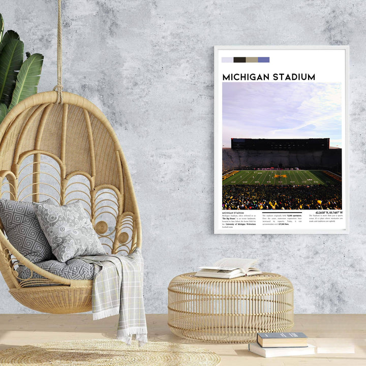 Travel poster of Ann Arbor Michigan featuring Michigan Stadium under a open sky with bold color palette swatches. Prepared by MapYourDreams, this artwork is available in flexible options including unframed paper, custom wooden frames, and gallery canvas wraps for chic home decor.