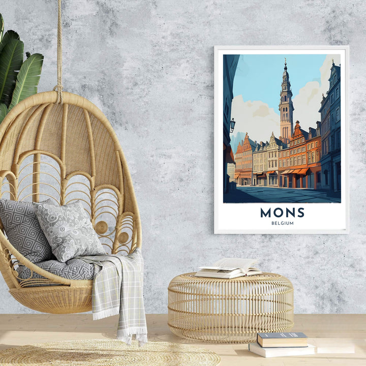 Classic visual art illustration depicting Wallonian heritage and historic belfry architecture in Mons, Belgium. Offered by MapYourDreams, this artwork is available in flexible options including unframed paper, custom wooden frames, and gallery canvas wraps.