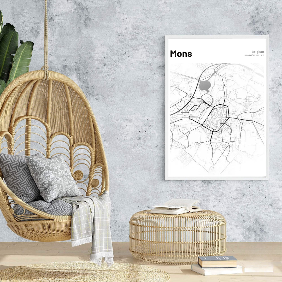 High-definition vector city grid print of Mons, Belgium, showcasing fine architectural line work and coordinate details clearly. Offered by MapYourDreams, this artwork is available in flexible options including unframed paper, custom wooden frames, and gallery canvas wraps.