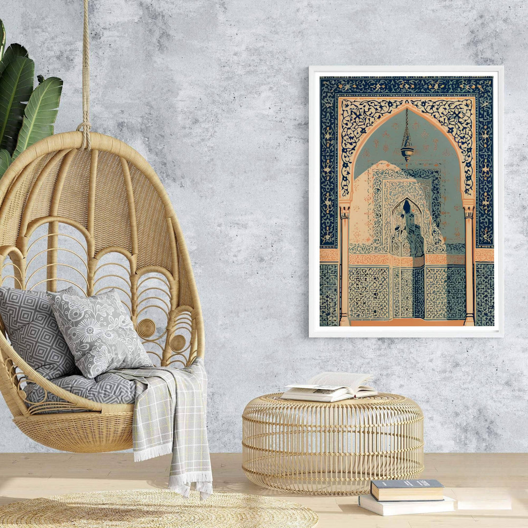 Travel poster of Granada Spain featuring Alhambra Moorish arch under warm daylight with detailed ceramic tilework and brass lamp. Prepared by MapYourDreams, this artwork is available in flexible options including unframed paper, custom wooden frames, and gallery canvas wraps for chic home decor.