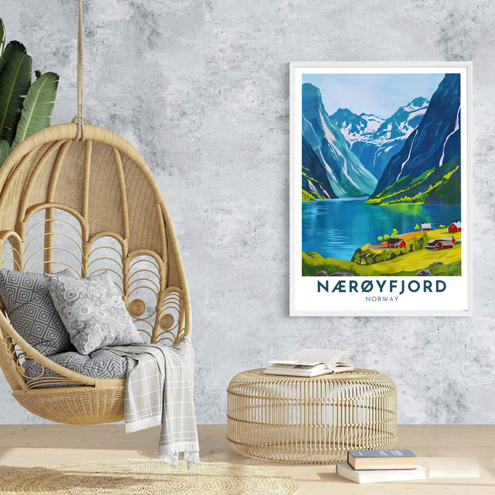 Vibrant graphic travel poster art of Nærøyfjord Norway featuring towering cliffs, clear blue water, green fields, and clean typography. Ideal for creating a nature gallery wall, available in customizable configurations such as unframed art prints, canvas gallery wraps, and durable framed artwork.