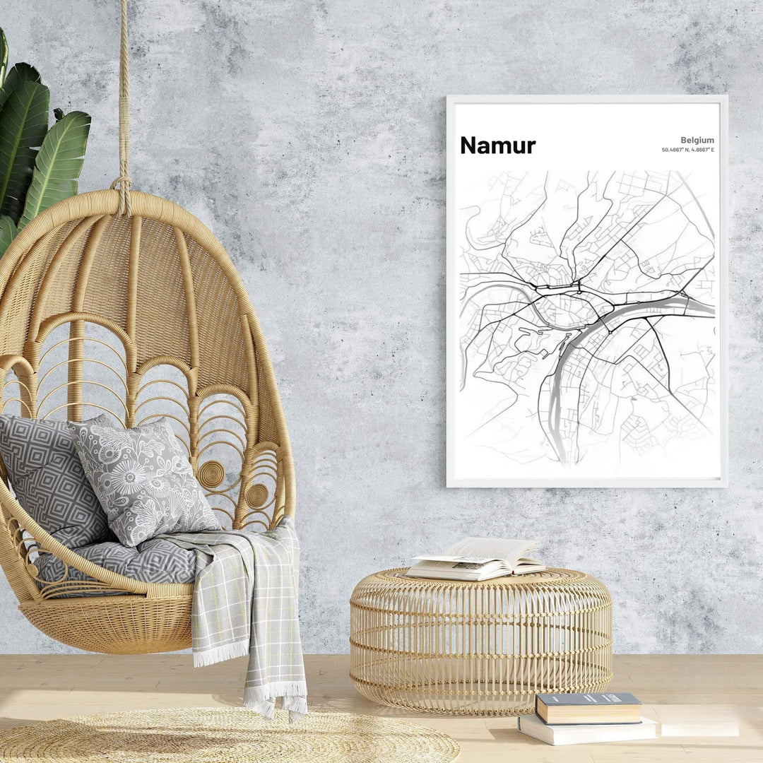 High-definition vector city grid print of Namur, Belgium, showcasing fine architectural road lines and geographic coordinates clearly. Offered by MapYourDreams, this artwork is available in flexible options including unframed paper, custom wooden frames, and gallery canvas wraps.