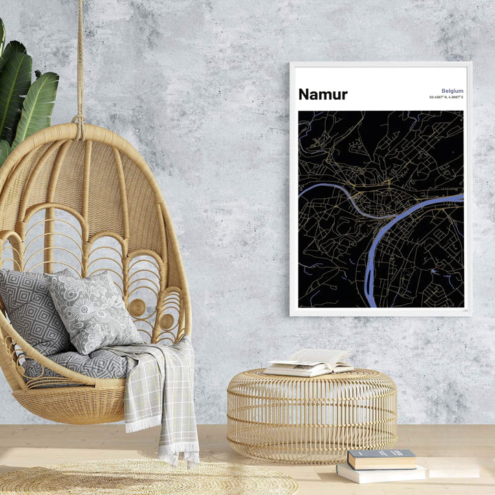 High-definition dark vector city grid print of Namur, Belgium, showcasing fine architectural gold lines and coordinate details clearly. Offered by MapYourDreams, this artwork is available in flexible options including unframed paper, custom wooden frames, and gallery canvas wraps.