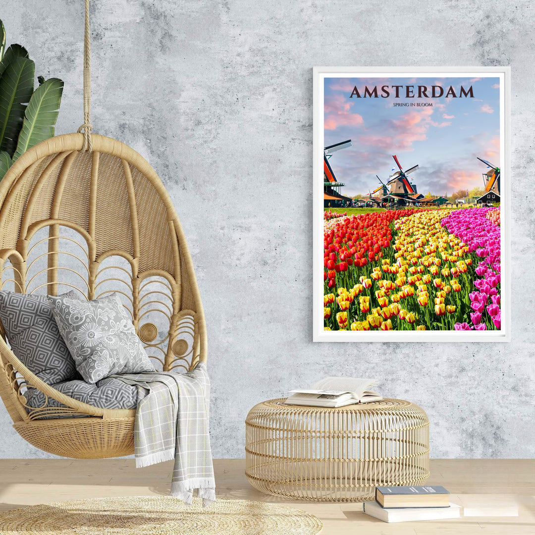 Vibrant spring travel poster of blooming tulip gardens and classic Dutch windmills in Amsterdam Netherlands, offered at MapYourDreams with options for unframed paper prints, gallery-quality stretched canvas, or custom frame finishes for bright home interior arrangements.