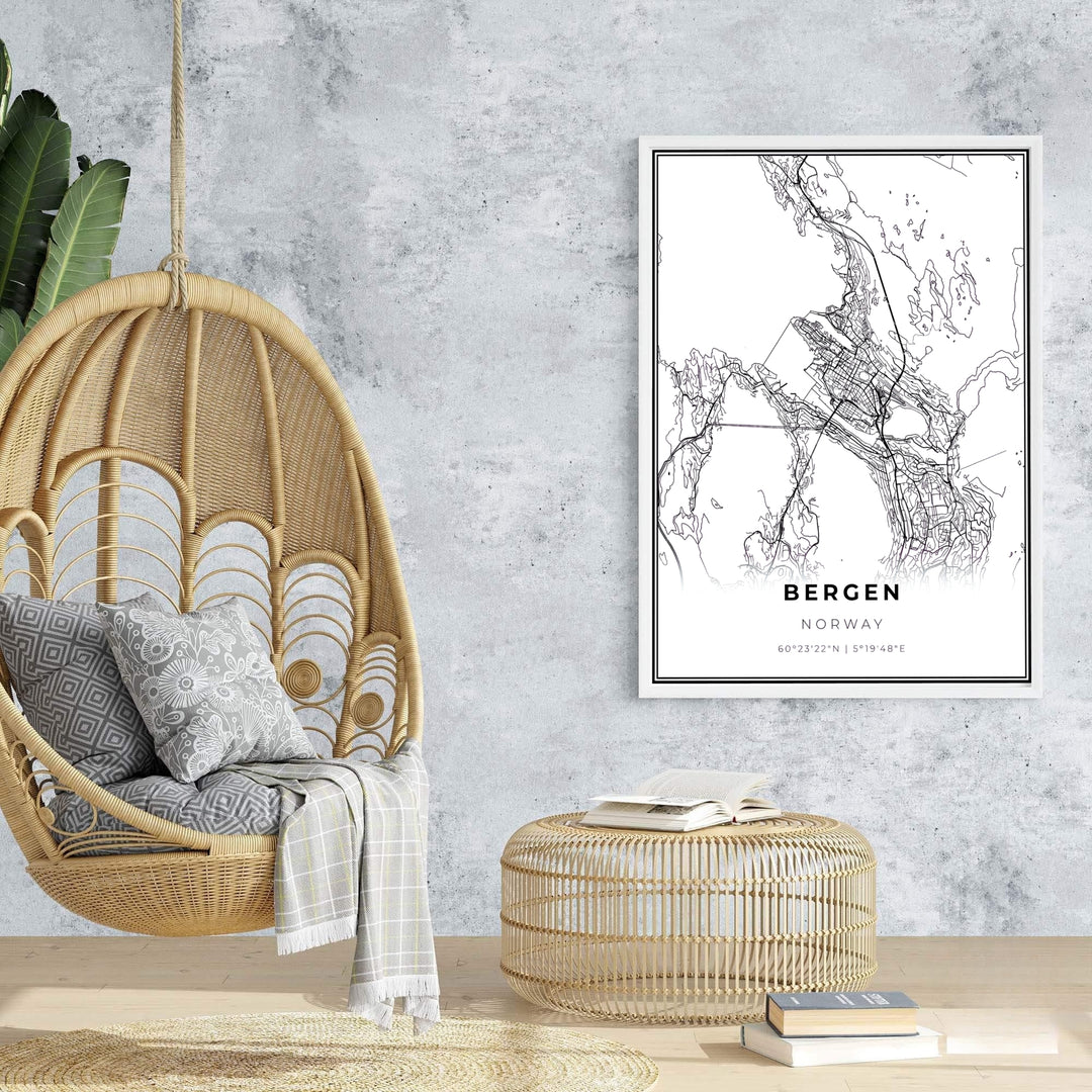 Stylish cartographic map print of Bergen Norway featuring the urban street layout, coastline, and modern typography. Ideal for creating a focal wall, available in customizable configurations such as unframed art prints, canvas gallery wraps, and durable framed artwork.