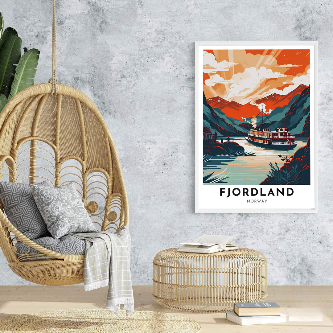 Retro style landscape artwork of Fjordland Norway showcasing a historic steamboat sailing through quiet coastal waters. Ideal for creating a focal wall, available in customizable configurations such as unframed art prints, canvas gallery wraps, and durable framed artwork.