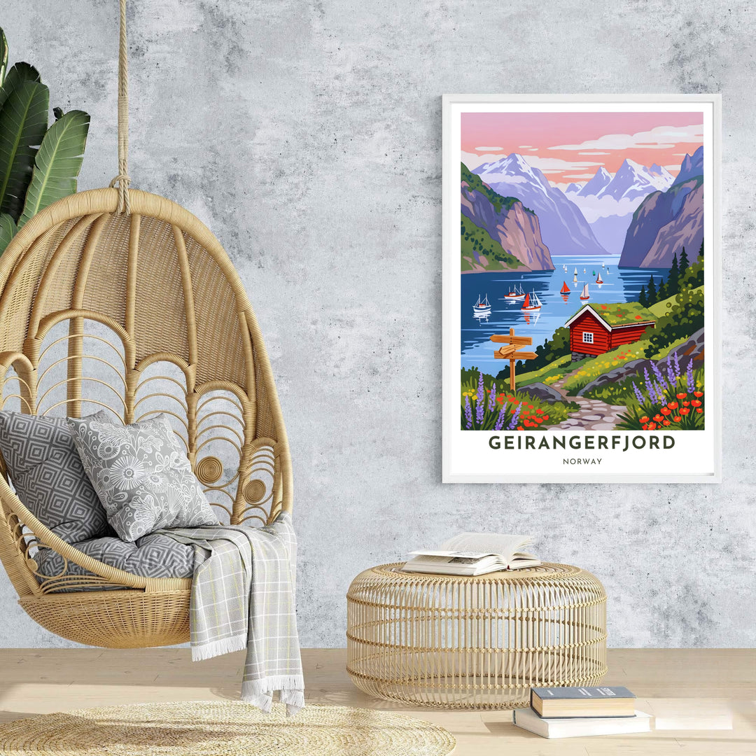 Vibrant travel illustration of Geirangerfjord Norway showcasing a grass-roofed red cottage surrounded by summer wildflowers and mountain fjord scenery. Ideal for creating a focal wall, available in customizable configurations such as unframed art prints, canvas gallery wraps, and durable framed artwork.