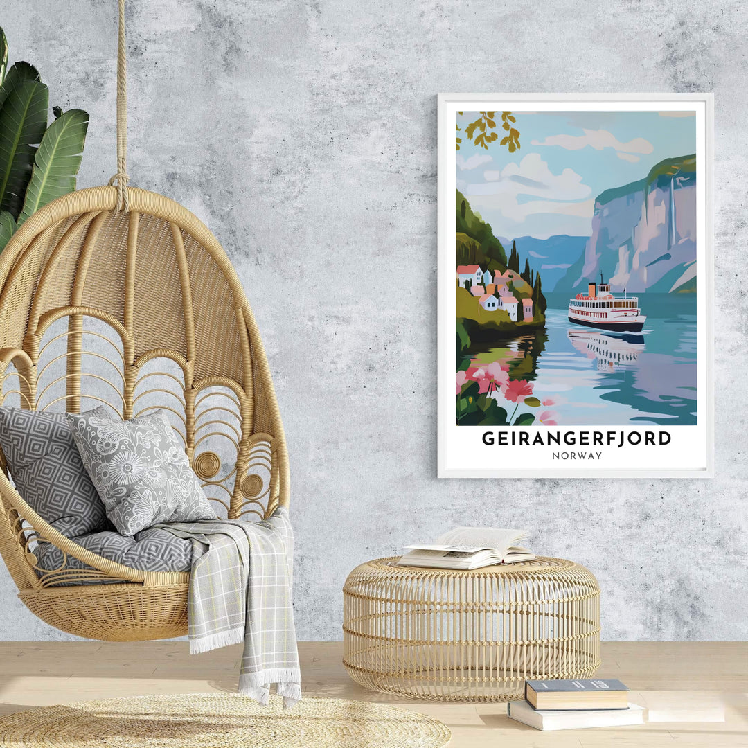Scenic poster of Geirangerfjord in Norway with a vintage white ferry boat cruising past mountain waterfalls and coastal village homes. Offered by MapYourDreams, this travel artwork is customizable as an unframed poster print, ready-to-display framed print, or premium gallery wrap canvas.
