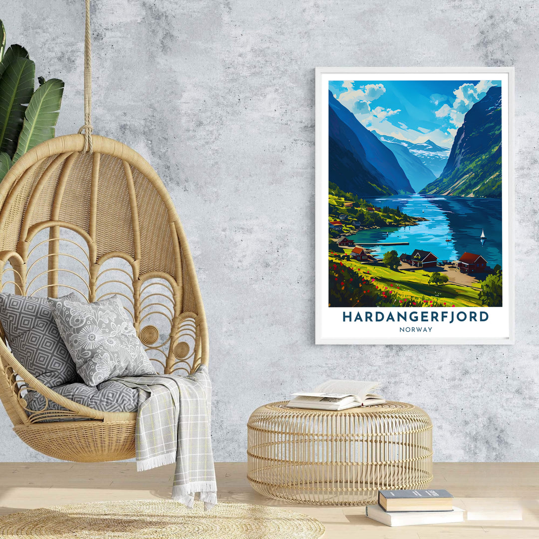 Scenic poster of Hardangerfjord in Norway with traditional red houses overlooking serene waters filled with sailboats. Offered by MapYourDreams, this travel artwork is customizable as an unframed poster print, ready-to-display framed print, or premium gallery wrap canvas.