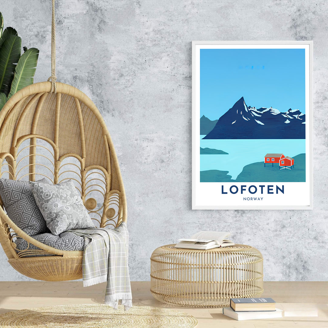 Modern travel illustration of Lofoten Norway showcasing a picturesque red cabin shoreline and dramatic peak outline. Ideal for creating a feature wall, available in customizable configurations such as unframed art prints, canvas gallery wraps, and durable framed artwork.