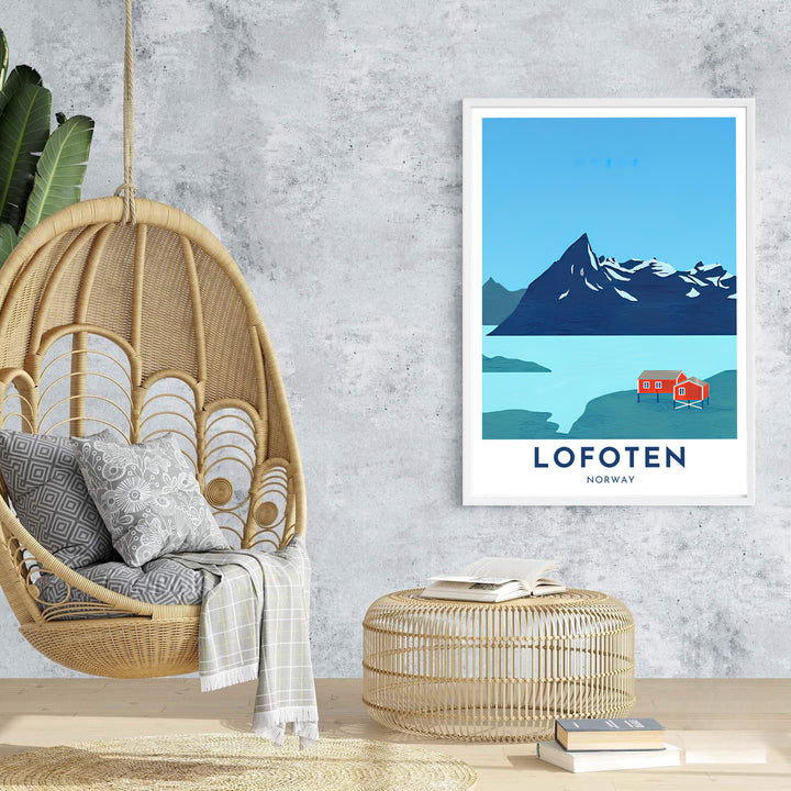 Modern travel illustration of Lofoten Norway showcasing a picturesque red cabin shoreline and dramatic peak outline. Ideal for creating a feature wall, available in customizable configurations such as unframed art prints, canvas gallery wraps, and durable framed artwork.
