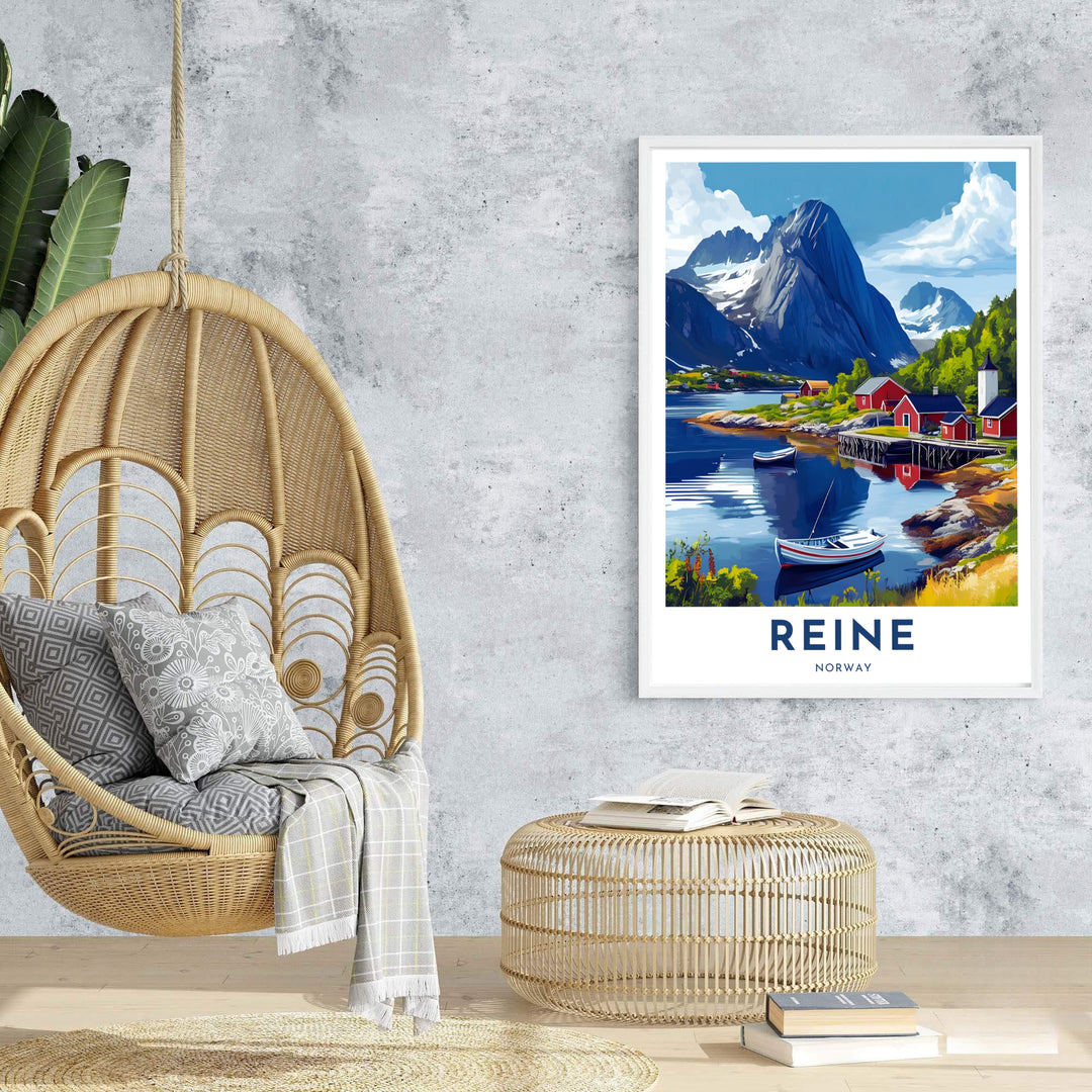 Scandinavian harbor print showcasing Reine Norway with small boats resting on calm blue waters surrounded by red cabins and mountain peaks. Created by MapYourDreams, choose from flexible choices like unframed paper prints, custom wood framed setups, or gallery wrapped canvas displays.