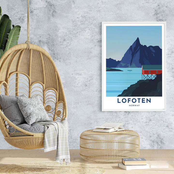 Scandinavian vector print showcasing Lofoten Norway with a solitary red cabin overlooking smooth fjord waters toward a sharp mountain summit. Created by MapYourDreams, choose from flexible choices like unframed paper prints, custom wood framed setups, or gallery wrapped canvas displays.