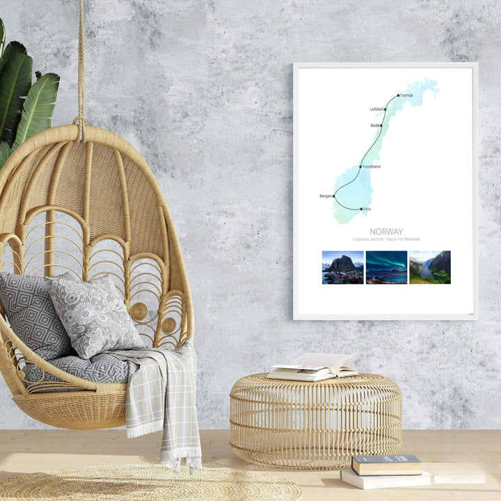 Scandinavian transit map print showcasing the journey from Oslo to Tromsø via Bergen and Trondheim over a soft green silhouette. Created by MapYourDreams, choose from choices like unframed paper prints, custom wood framed setups, or gallery wrapped canvas displays.
