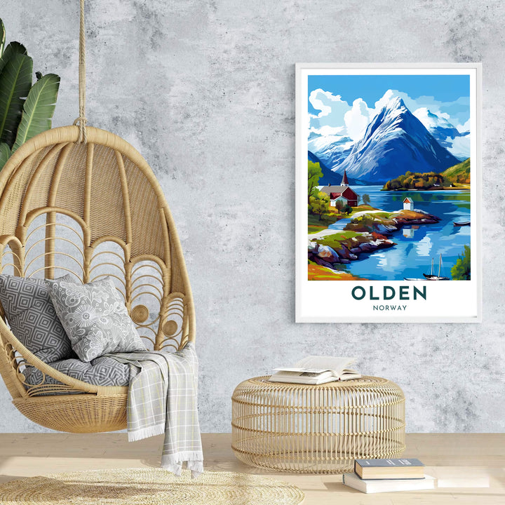 Travel landscape poster showing the picturesque Nordfjord valley in Olden Norway with reflections of steep alpine cliffs in the lake. MapYourDreams provides this artwork as an unframed fine art paper print, custom wood framed poster, or gallery wrapped canvas setup.