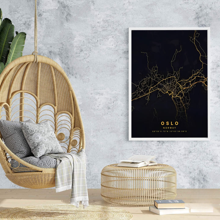 Sleek Scandinavian street map art depicting Oslo Norway in high-contrast gold lines against a dark charcoal field. MapYourDreams provides this artwork as an unframed fine art paper print, custom wood framed poster, or gallery wrapped canvas setup.