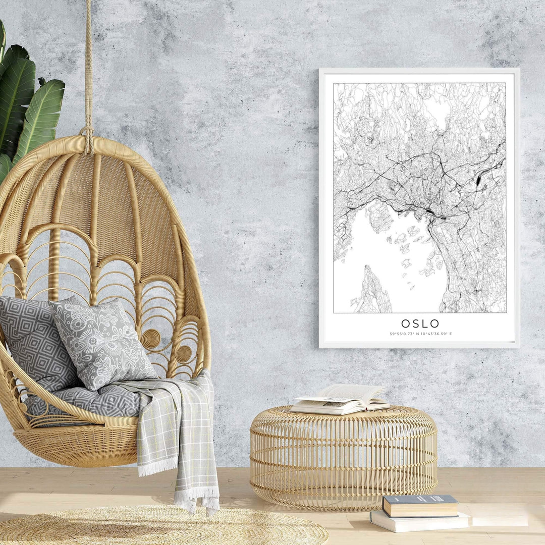 Sleek Scandinavian street map art depicting Oslo Norway in high-contrast black lines against a clean white field. MapYourDreams provides this artwork as an unframed fine art paper print, custom wood framed poster, or gallery wrapped canvas setup.