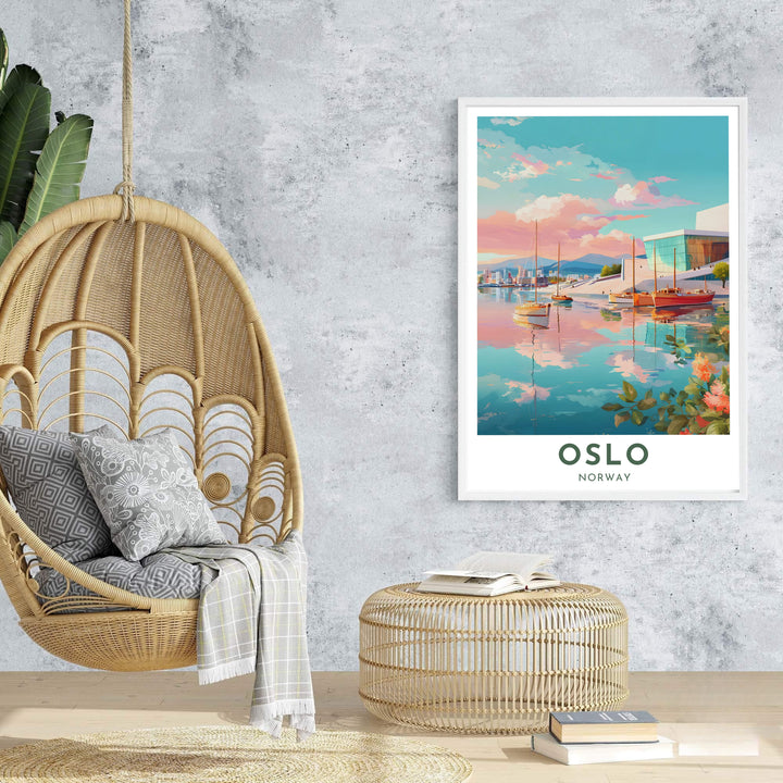 Vibrant pastel landscape art depicting the Oslo Opera House and fjord in warm sky tones and gentle water mirror effects. MapYourDreams provides this artwork as an unframed fine art paper print, custom wood framed poster, or gallery wrapped canvas setup.
