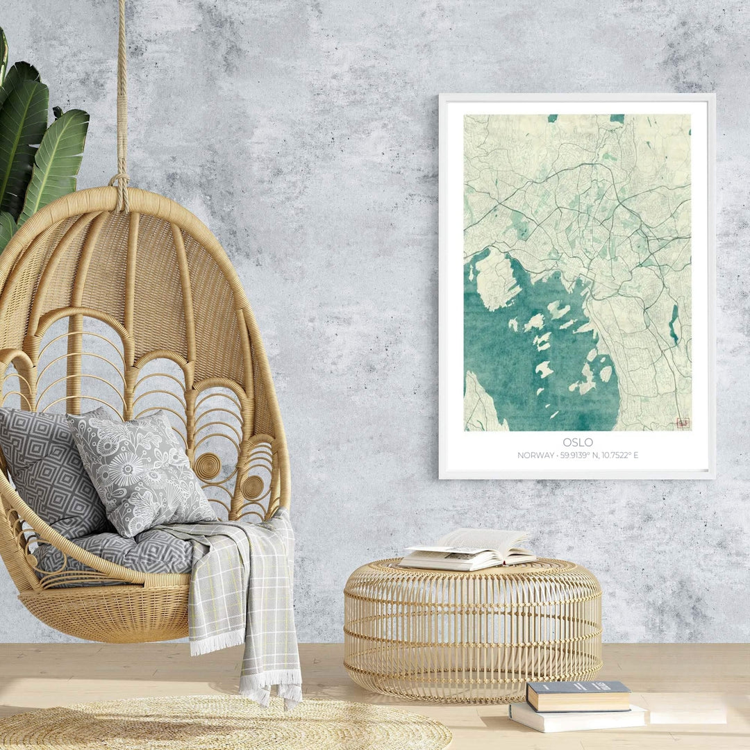 Antique ocean street map art depicting Oslo Norway in high-contrast blue watercolor textures against a warm background field. MapYourDreams provides this artwork as an unframed fine art paper print, custom wood framed poster, or gallery wrapped canvas setup.