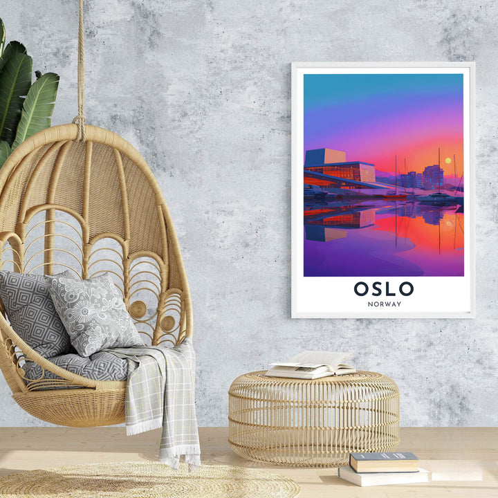Vibrant Nordic harbor landscape illustration featuring the Oslo Opera House and resting yachts during a luminous sunset in Norway. MapYourDreams provides this artwork as an unframed fine art paper print, custom wood framed poster, or gallery wrapped canvas setup.