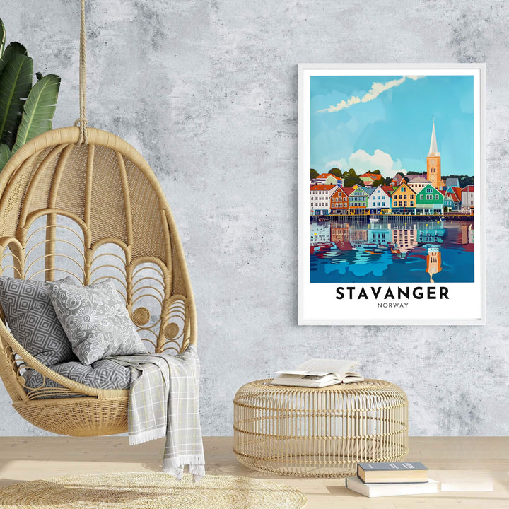 Vibrant Scandinavian waterfront illustration featuring Stavanger Norway timber storehouses and soft cloud formations over blue sky. MapYourDreams provides this artwork as an unframed fine art paper print, custom wood framed poster, or gallery wrapped canvas setup.