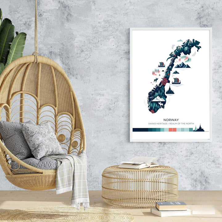 Illustrated Nordic heritage map print showcasing Norway with dark teal forest fills, stave church icons, and Viking longships at sea. MapYourDreams provides this artwork as an unframed fine art paper print, custom wood framed poster, or gallery wrapped canvas setup.