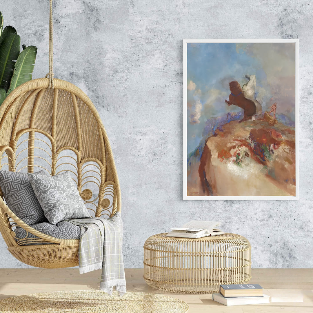 Vintage French Symbolist poster of Odilon Redon Apollo In His Chariot 1905 from Rijksmuseum Amsterdam rendered in expressive celestial tones. Browse archival framed wall art, unframed paper prints, and stretched gallery canvas options at MapYourDreams for expressive home decor.