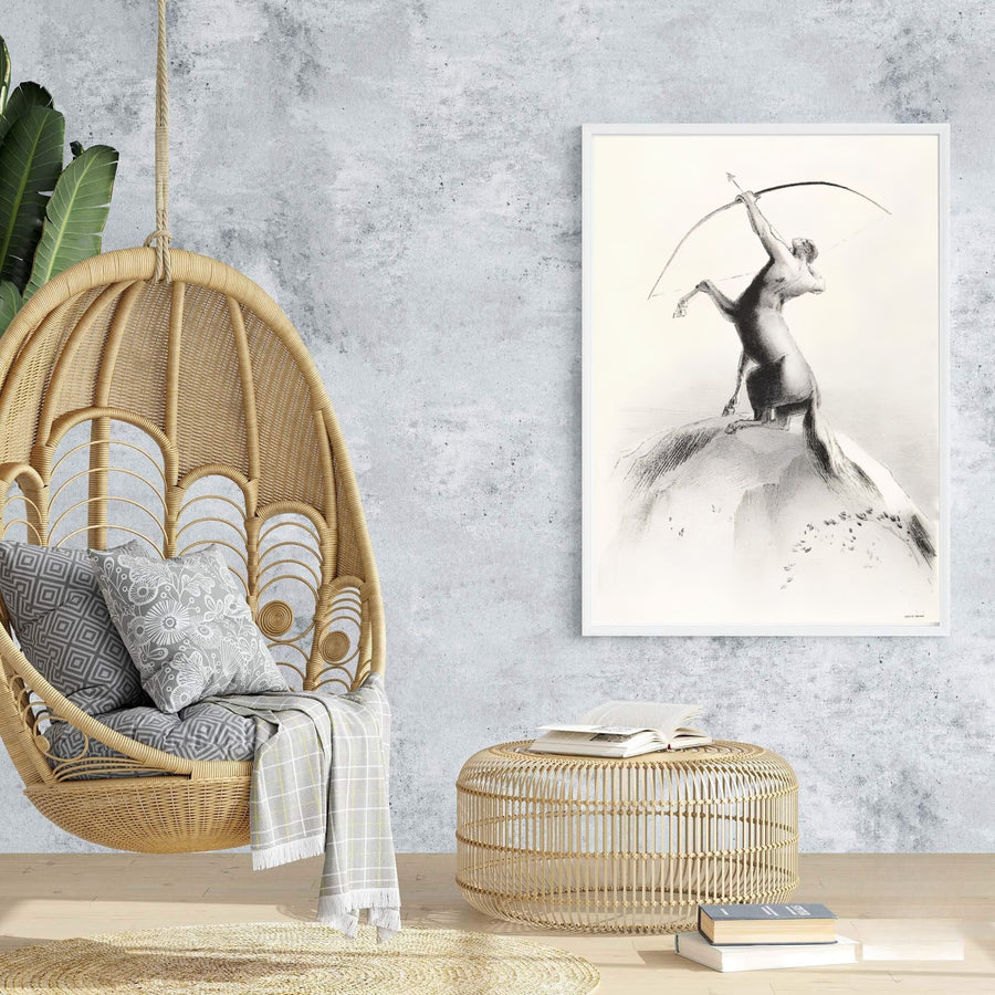 Classical Symbolist print of Centaur Aiming At The Clouds by Odilon Redon, showcasing gentle graphic textures and powerful composition. MapYourDreams presents this artwork in multiple versatile presentations including unframed paper posters, custom frames, and canvas wraps.