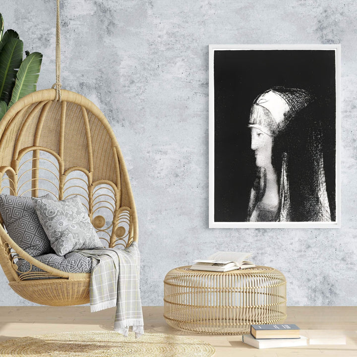 Classical Symbolist print of Druidesse by Odilon Redon, showcasing gentle graphic textures and dark mood. MapYourDreams presents this artwork in multiple versatile presentations including unframed paper posters, custom frames, and canvas wraps.