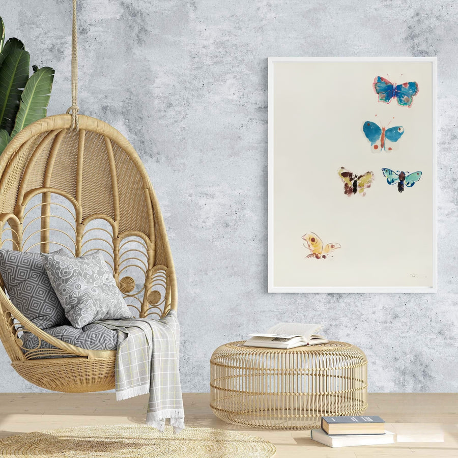 Classical Symbolist print of Five Butterflies by Odilon Redon, showcasing soft watercolor textures and cheerful color harmony. MapYourDreams presents this artwork in multiple versatile presentations including unframed paper posters, custom frames, and canvas wraps.