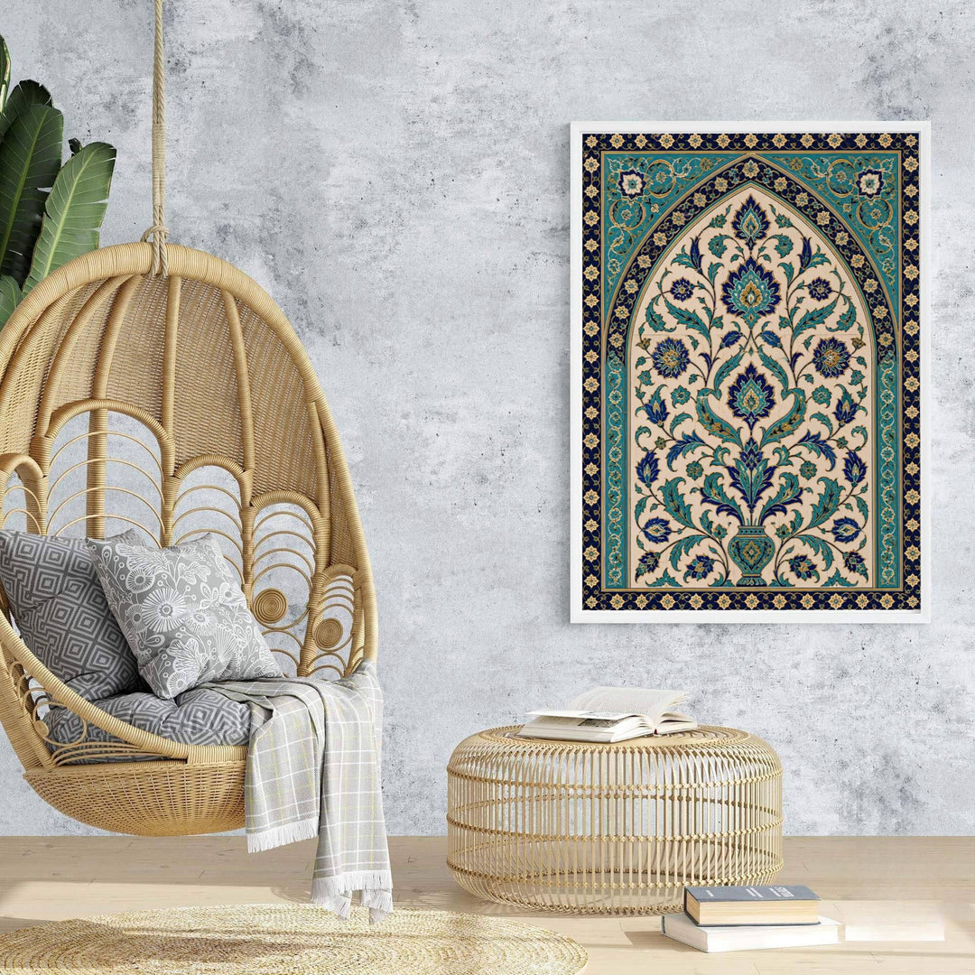 Travel poster of Turkey featuring Ottoman Iznik tile artwork with detailed ceramic glazes, lotus palmettes, and vase motifs. Prepared by MapYourDreams, this artwork is available in flexible options including unframed paper, custom wooden frames, and gallery canvas wraps for chic home decor.
