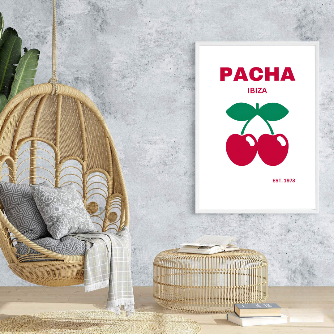 Vibrant red and white music poster displaying iconic cherry artwork for Pacha in Ibiza, Spain, offered at MapYourDreams with choices for unframed paper prints, gallery-quality stretched canvas, or custom frame finishes for dining and kitchen spaces.
