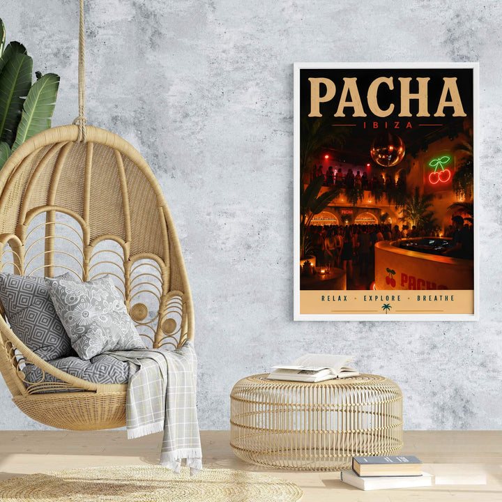 Rich red tone music poster displaying retro disco ball and dance floor architecture for Pacha in Ibiza, Spain, offered at MapYourDreams with choices for unframed paper prints, gallery-quality stretched canvas, or custom frame finishes for entertainment spaces.