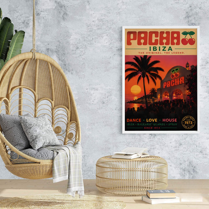 Vibrant house music fan wall poster showing Pacha club in Ibiza with glowing arches, crowds, and tropical palm foliage, supplied by MapYourDreams as an unframed poster print, stretched canvas wall art, or custom framed wall art setup.