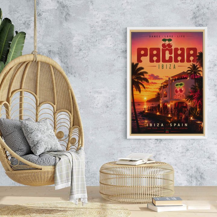 Vibrant Mediterranean sunset wall art poster showing Pacha club in Ibiza with glowing neon arches and coastal ocean background, supplied by MapYourDreams as an unframed poster print, stretched canvas wall art, or custom framed wall decor.