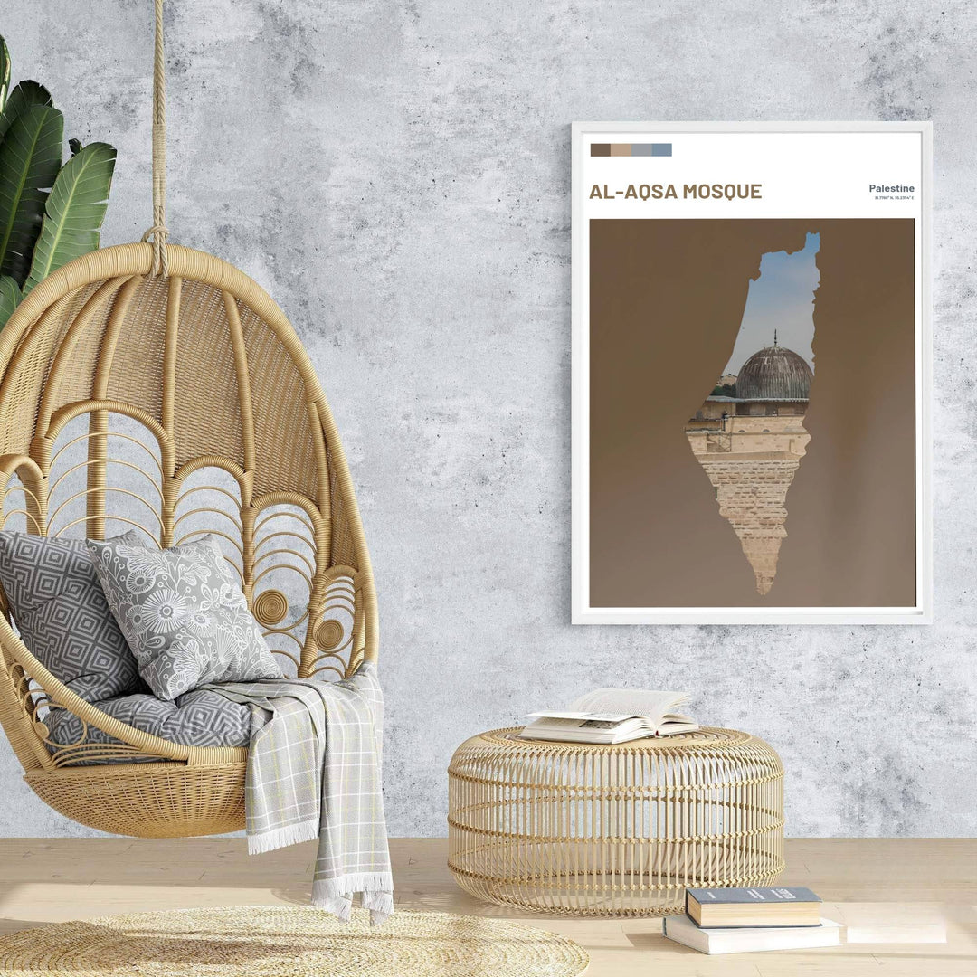 Travel poster of Al Quds featuring Al Aqsa Mosque lead dome seen through a geographic Palestine map silhouette cutout. Prepared by MapYourDreams, this artwork is available in flexible options including unframed paper, custom wooden frames, and gallery canvas wraps for chic home decor.