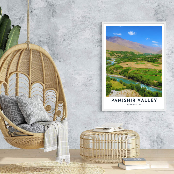 Scenic river valley photo print of Panjshir, Afghanistan, featuring crisp turquoise river currents and warm mountain earth tones. Supplied by MapYourDreams as an unframed paper print, a stretched canvas wall art piece, or a custom framed wall decor item for vibrant bedroom gallery walls.