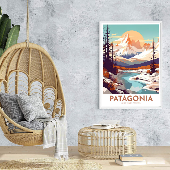 Highlighting the untamed wilderness and dramatic peaks of Mount Fitz Roy at sunset, this Patagonia Mountain print adds vibrant warmth to any room, supplied by MapYourDreams across multiple options including fine art paper, custom frames, and stretched canvas.
