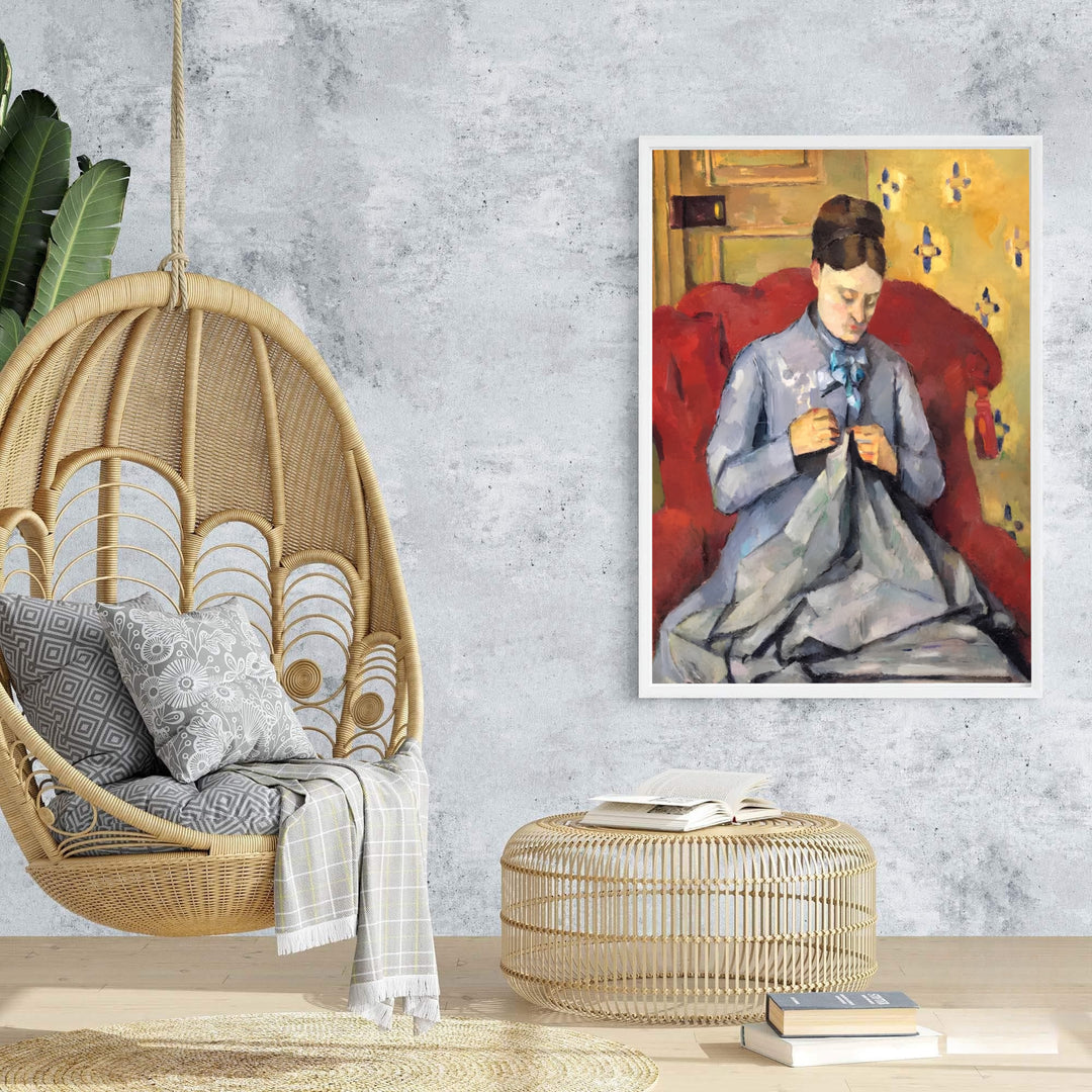 Vintage Post-Impressionism poster print of Paul Cezanne Madame Cezanne Sewing 1877 rendered with warm primary tones in Paris France. Browse archival framed wall art, unframed poster prints, and stretched gallery canvas options at MapYourDreams for classic decor themes.