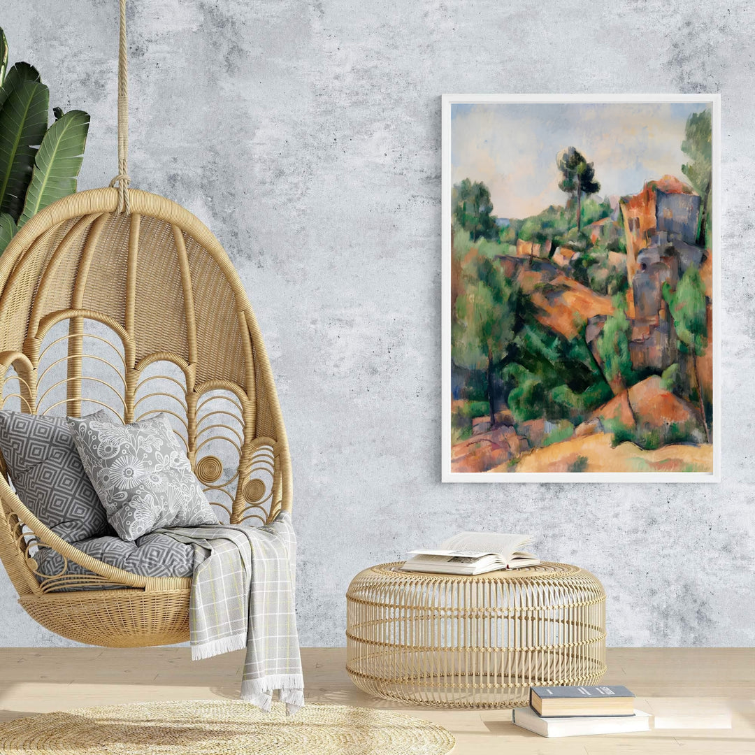 Vintage Post-Impressionism poster print of Paul Cezanne Bibemus Quarry 1895 rendered with warm golden tones in Aix-en-Provence France. Browse archival framed wall art, unframed poster prints, and stretched gallery canvas options at MapYourDreams for classic decor themes.