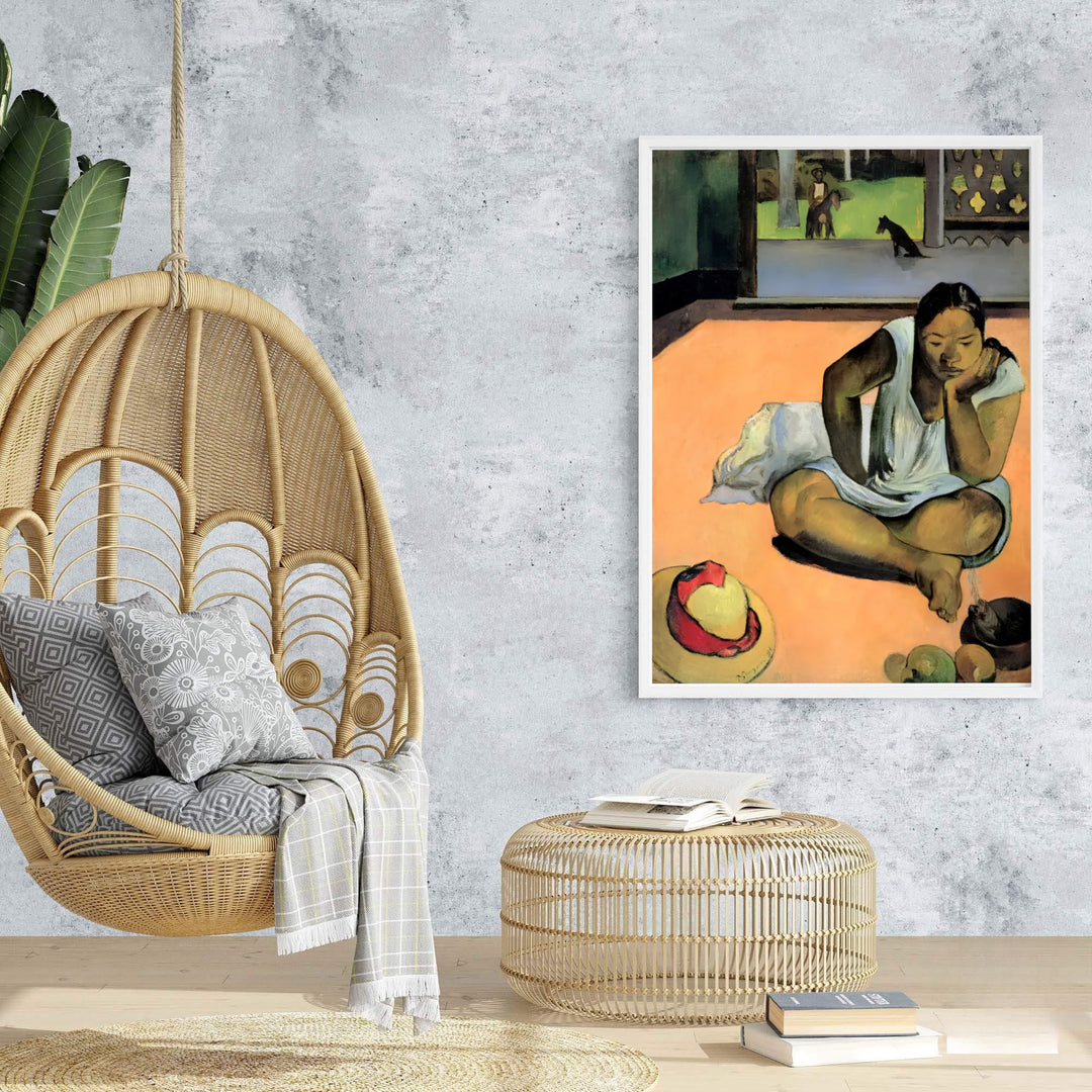Vintage Tahitian poster print of Paul Gauguin Brooding Woman Te Faaturuma 1891 rendered with bold Cloisonnist outlines in Tahiti French Polynesia. Browse archival framed wall art, unframed poster prints, and stretched gallery canvas options at MapYourDreams for classic decor themes.
