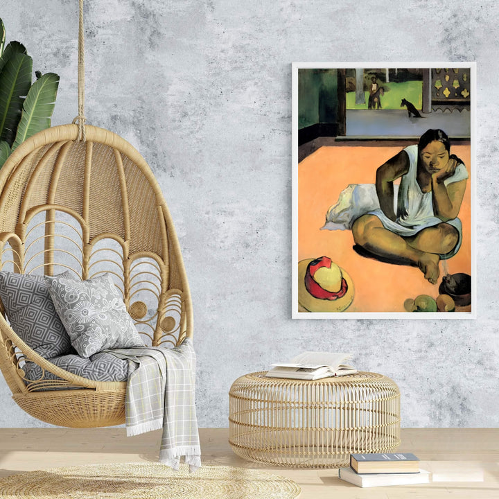 Vintage Tahitian poster print of Paul Gauguin Brooding Woman Te Faaturuma 1891 rendered with bold Cloisonnist outlines in Tahiti French Polynesia. Browse archival framed wall art, unframed poster prints, and stretched gallery canvas options at MapYourDreams for classic decor themes.