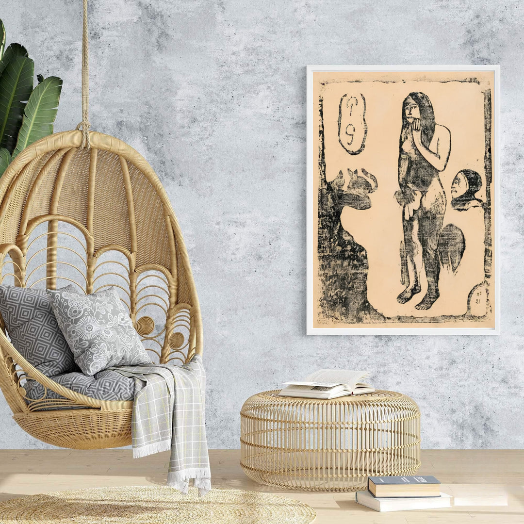 Vintage Gauguin poster print of Paul Gauguin Eve Suite Of Late Woodblocks 1898 rendered in monochromatic style in Tahiti, French Polynesia. Browse archival framed wall art, unframed poster prints, and stretched gallery canvas options at MapYourDreams for vintage decor themes.