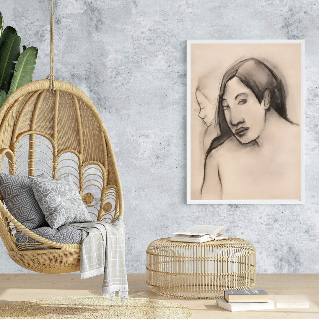 Vintage Gauguin poster print of Paul Gauguin Heads Of Tahitian Women 1891 rendered in charcoal style in Tahiti, French Polynesia. Browse archival framed wall art, unframed poster prints, and stretched gallery canvas options at MapYourDreams for vintage decor themes.