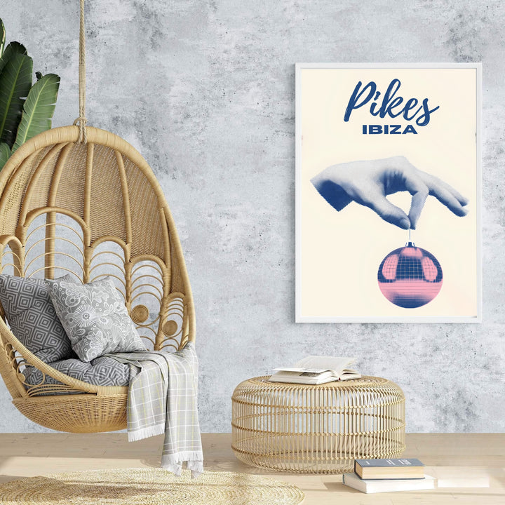 Surreal disco ball wall art poster showing Pikes Hotel in Ibiza with clean off-white background and navy blue typography, supplied by MapYourDreams as an unframed poster print, stretched canvas wall art, or custom framed wall decor for home studio styling.