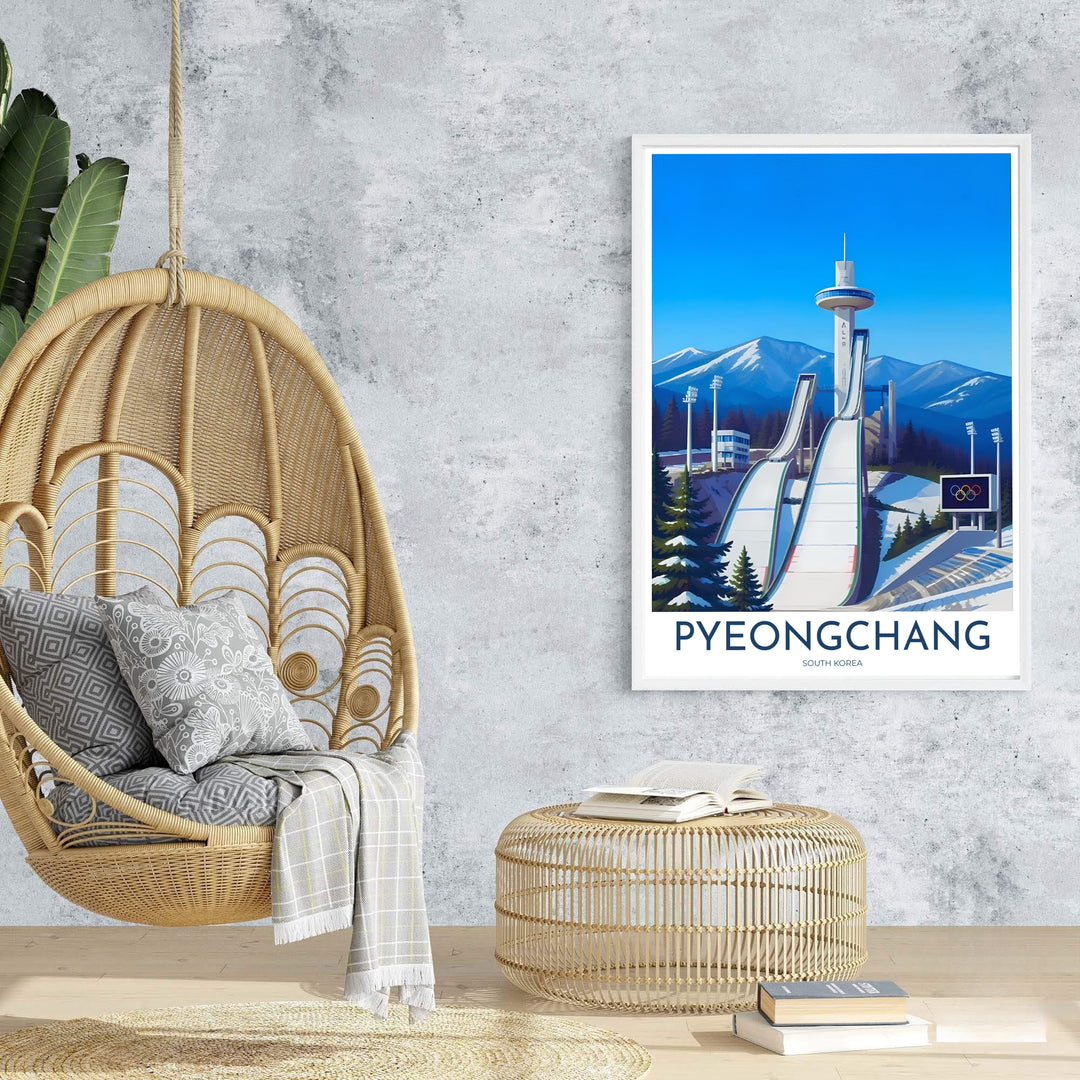 Sophisticated vector travel poster of Pyeongchang, South Korea, presenting a soaring view up the landing hill toward the Alpensia Ski Jump observation tower. Offered by MapYourDreams, this artwork is available in flexible options including unframed paper, custom wooden frames, and gallery canvas wraps.