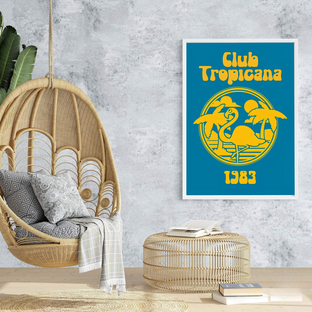 Vibrant yellow and teal wall art poster showing Club Tropicana 1983 with clean retro graphic typography, supplied by MapYourDreams as an unframed poster print, stretched canvas wall art, or custom framed wall decor for home studio styling.
