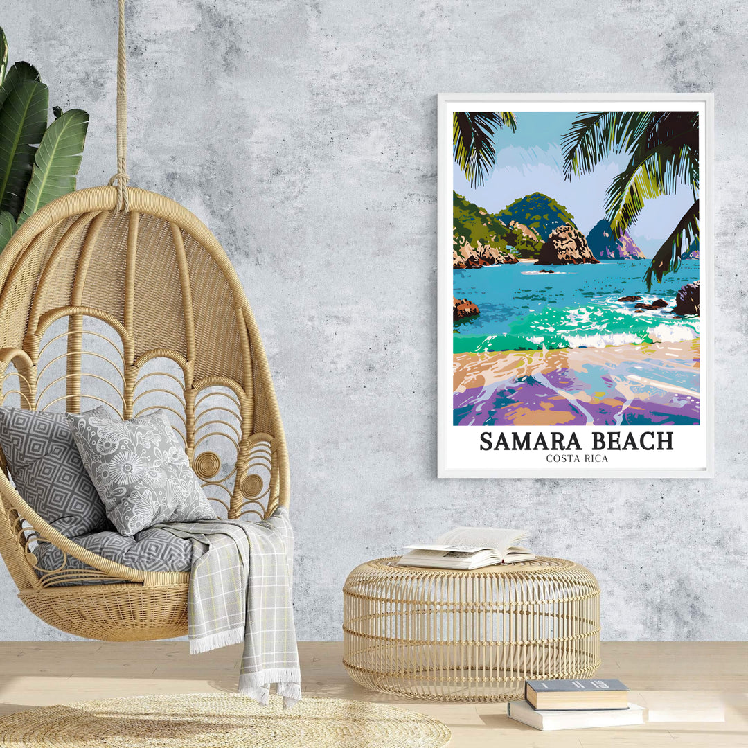 Vibrant turquoise waves and lavender shore reflections at Samara Beach lend depth to this Costa Rica travel print. Browse archival framed, unframed, and canvas options at MapYourDreams.