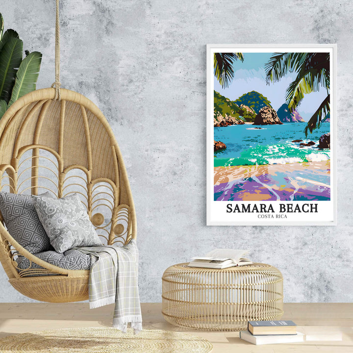 Vibrant turquoise waves and lavender shore reflections at Samara Beach lend depth to this Costa Rica travel print. Browse archival framed, unframed, and canvas options at MapYourDreams.