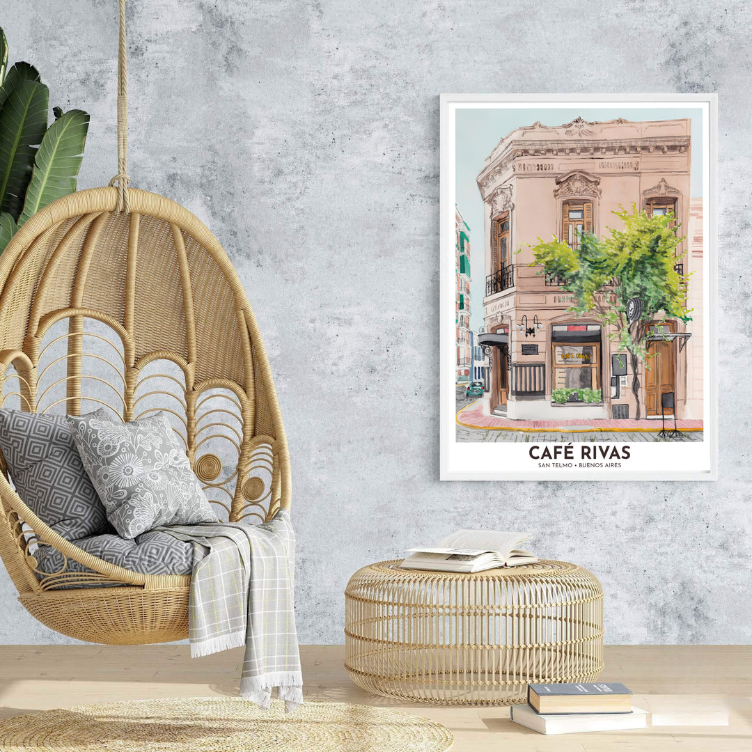 Highlighting the timeless artistic atmosphere of South America, this San Telmo Cafe Rivas poster adds warm bohemian style to any room, supplied by MapYourDreams across multiple options including fine art paper, custom frames, and stretched canvas.